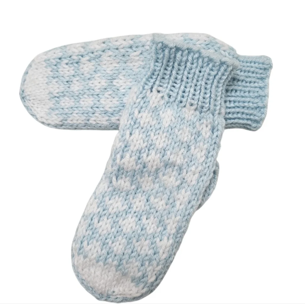 Hand Crafted Crochet Mittens Heart Design Ribbed Trim One-of-a-Kind Blue White